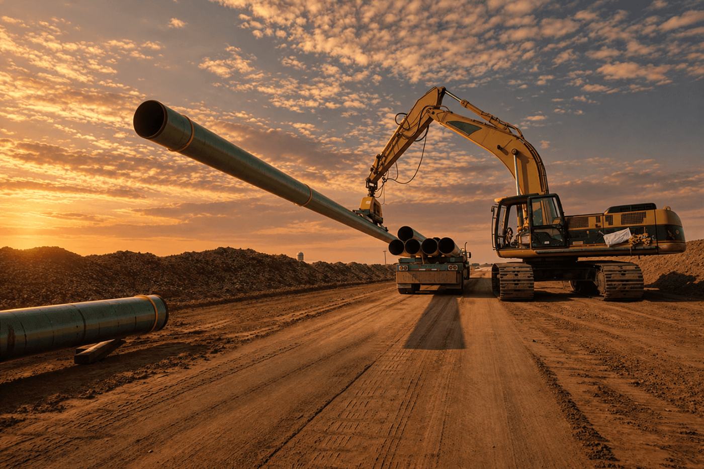 Pipeline being set at a jobsite at golden hour