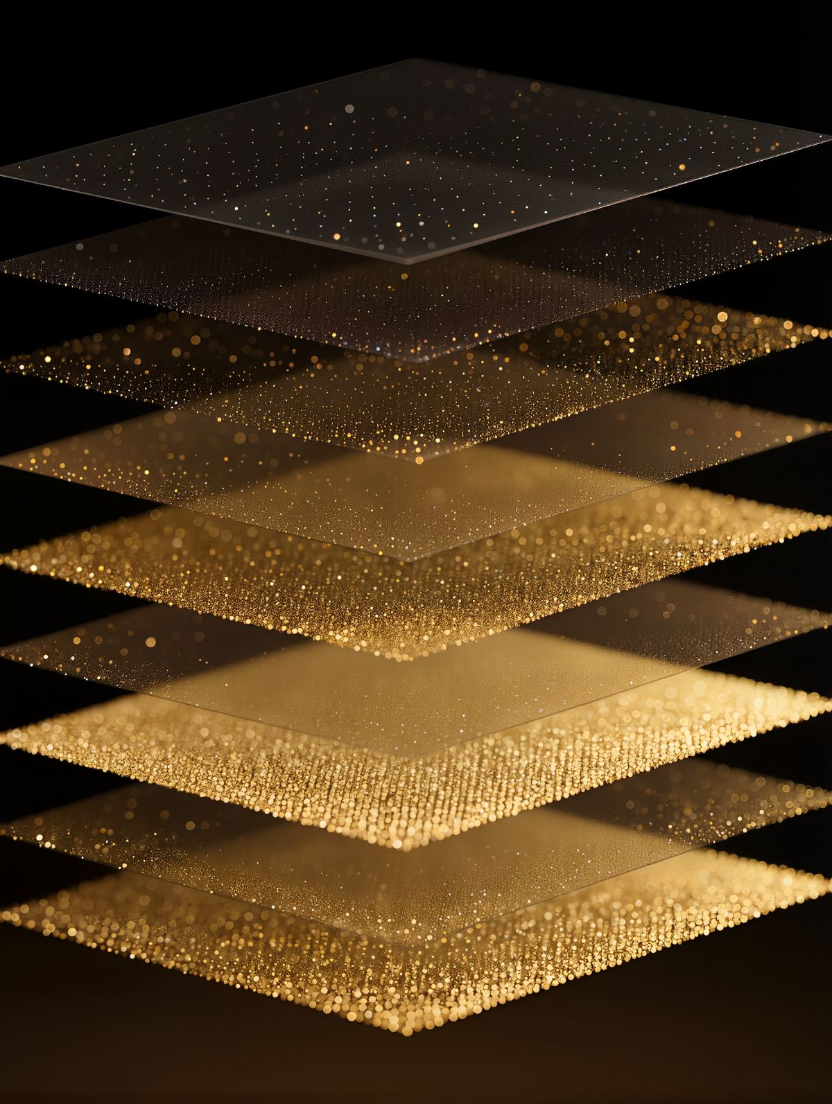 Stacked translucent planes of gold light particles, each separated by dark space